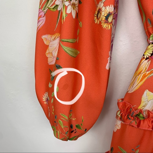 Alexis Loe Floral Ruffle Long Puff Sleeve Ruffle Mini Dress Red Orange XS - Picture 13 of 14